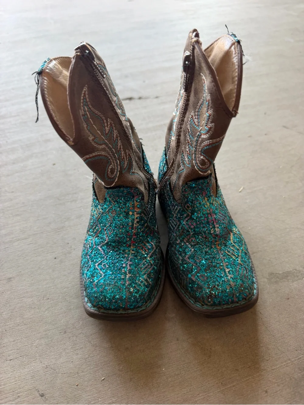 Roper Kids Glitter Aztec Western Cowboy Boots - Turquoise / Brown